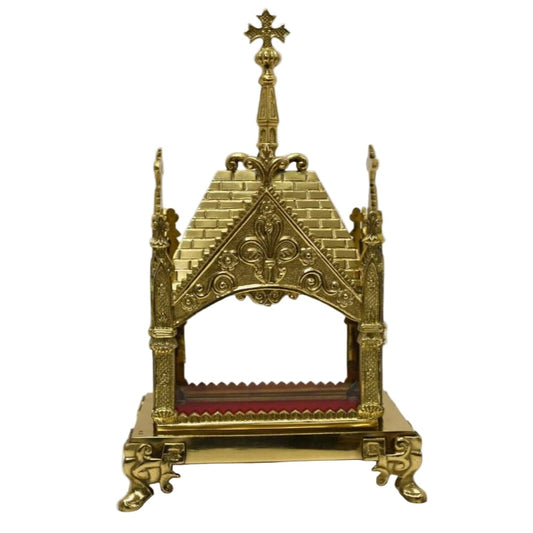 Traditional polished brass relic shrine with clear glass on all four sides. Ornate shrine with ornamental details. For relic display