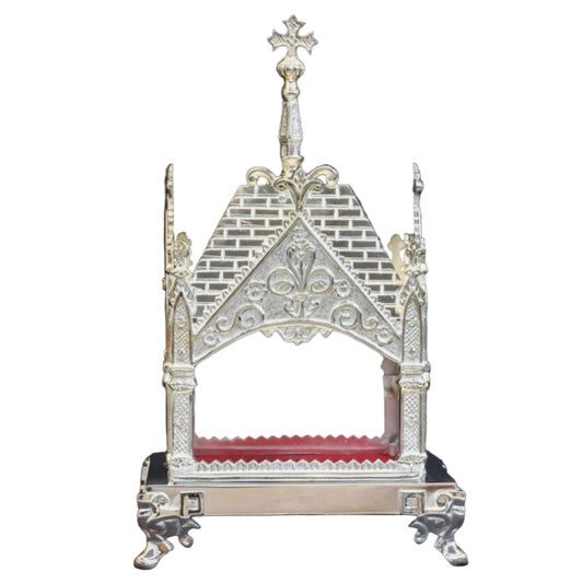 Ornate Silver plated reliquary shrine with clear glass on all four sides. Removable top to display your relic