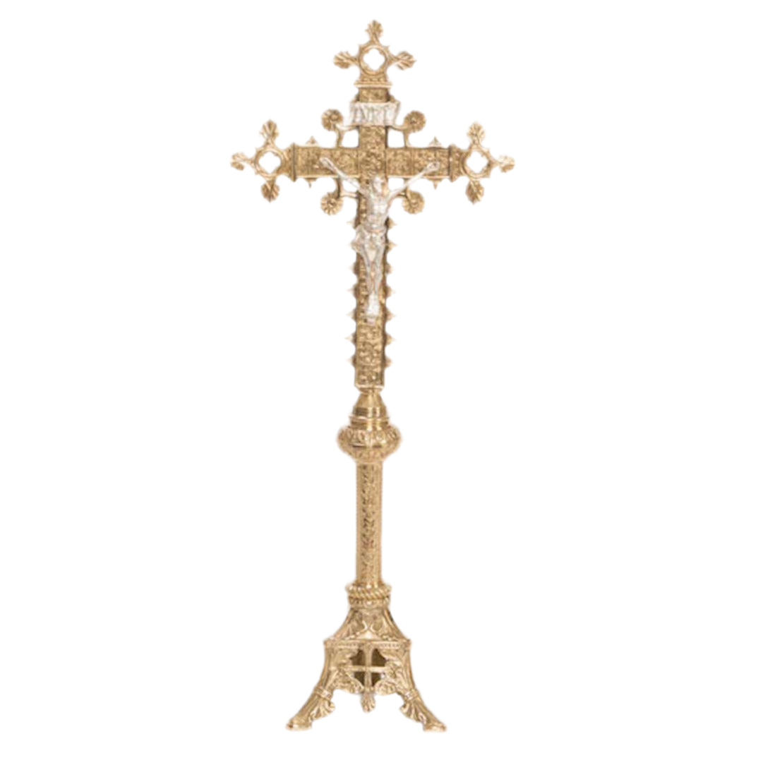 traditional gothic style brass altar cross, brass crucifix with silver corpus, brass altar cross