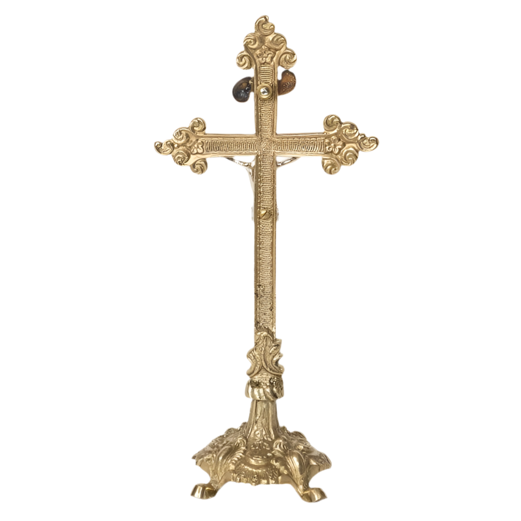 Traditional brass altar cross with silver corpus, crucifix with silver corpus, small chapel sized brass altar cross, backside