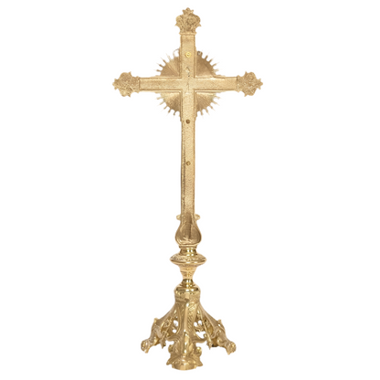 Short decorative ornate baroque style altar cross, crucifix with silver corpus, brass altar cross, backside
