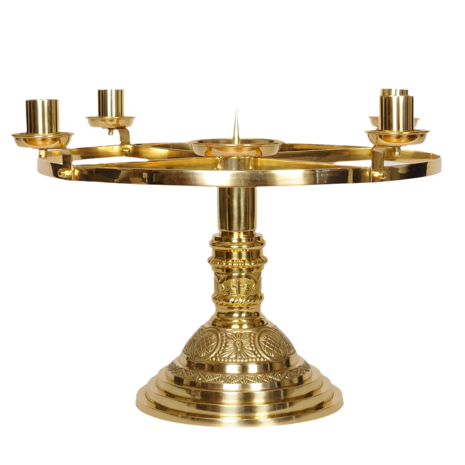 brass advent wreath with ornate round base. 