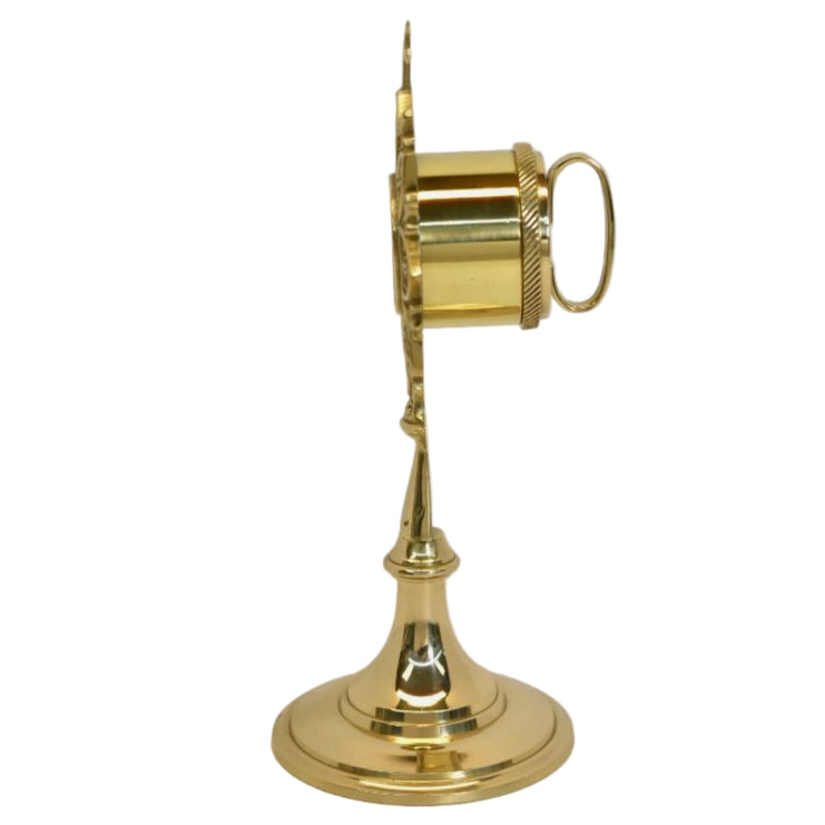 Polished brass and lacquered ornate French style reliquary with a handle on the back for veneration. Glass on front and removable back door to house your relic. SIDE VIEW