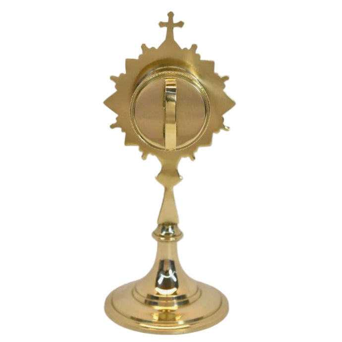 Polished brass and lacquered ornate French style reliquary with a handle on the back for veneration. Glass on front and removable back door to house your relic. BACK VIEW