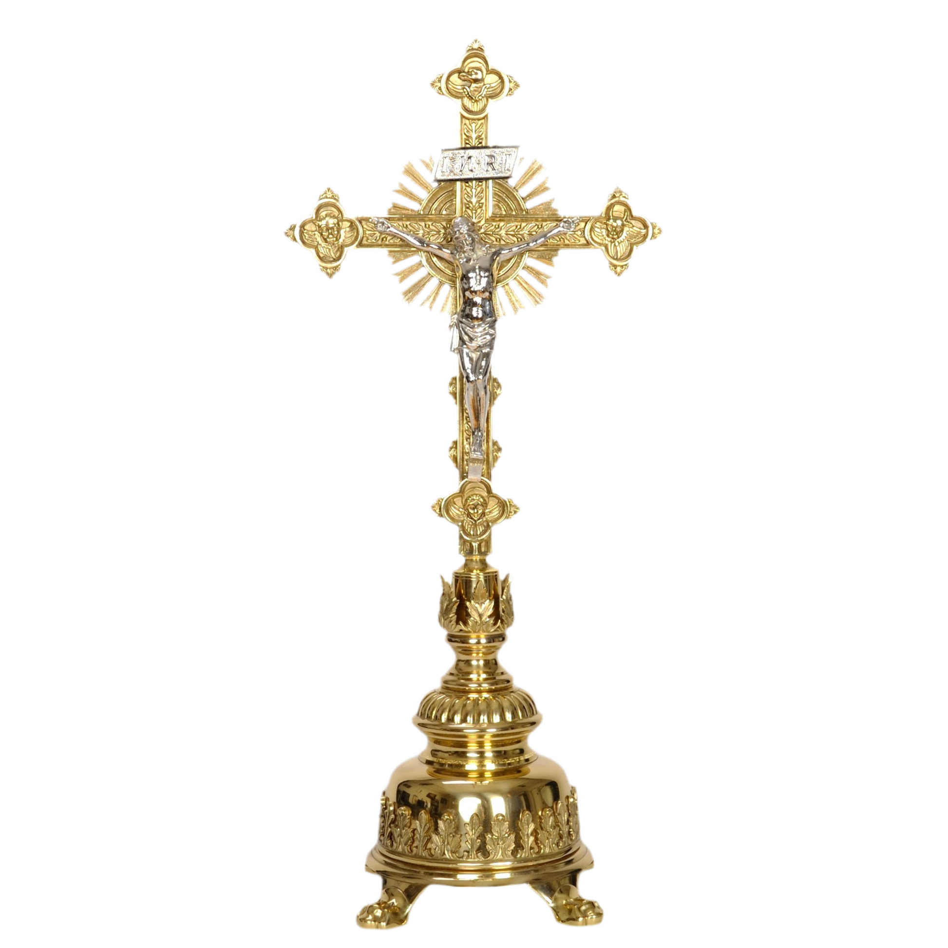 Decorative brass altar cross, crucifix with silver corpus, traditional altar cross, altar cross 