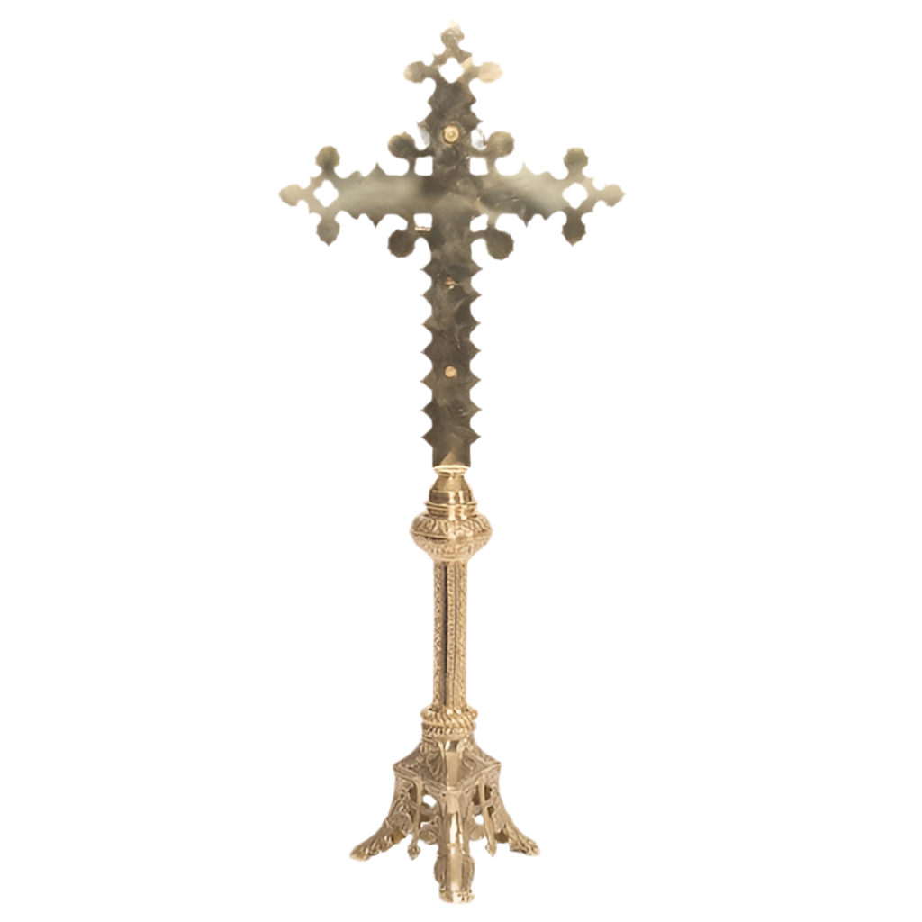 traditional gothic style brass altar cross, brass crucifix with silver corpus, brass altar cross, backside