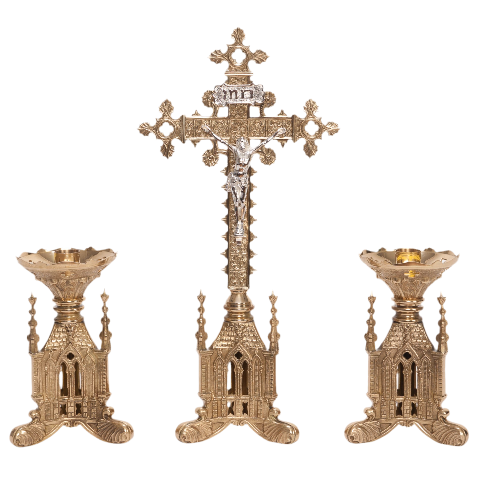 Shorter decorative brass altar cross, crucifix with silver corpus, traditional gothic altar cross, altar cross, altar cross with two candlesticks, gothic style