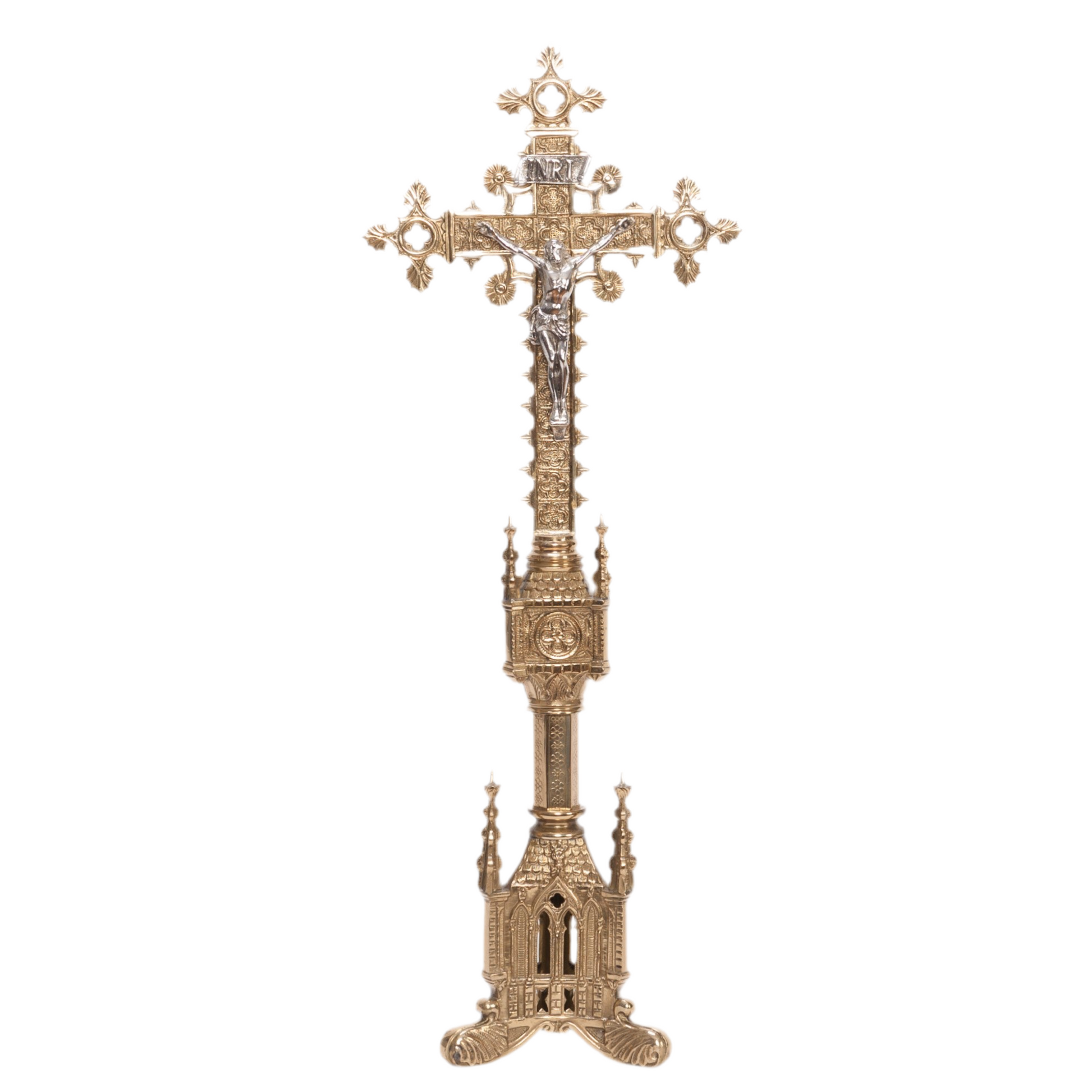 Decorative brass altar cross, crucifix with silver corpus, traditional gothic altar cross, altar cross, gothic style