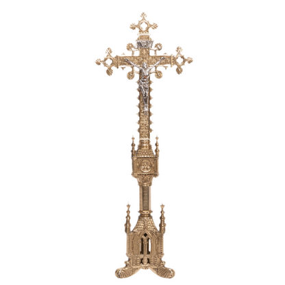 Decorative brass altar cross, crucifix with silver corpus, traditional gothic altar cross, altar cross, gothic style