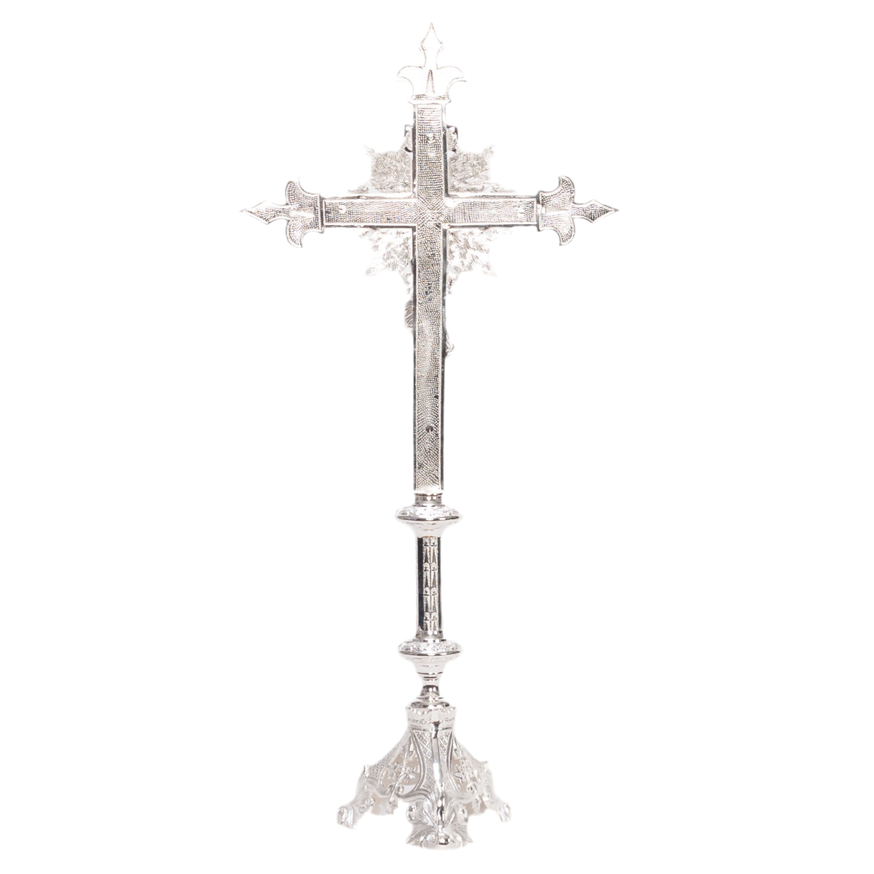 ornate baroque style altar cross, baroque silver plated altar cross, silver crucifix with silver corpus, silver plated altar cross, backside