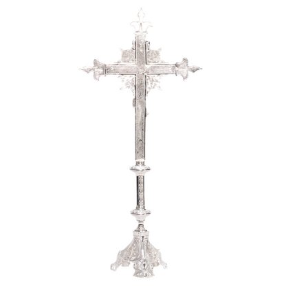 ornate baroque style altar cross, baroque silver plated altar cross, silver crucifix with silver corpus, silver plated altar cross, backside