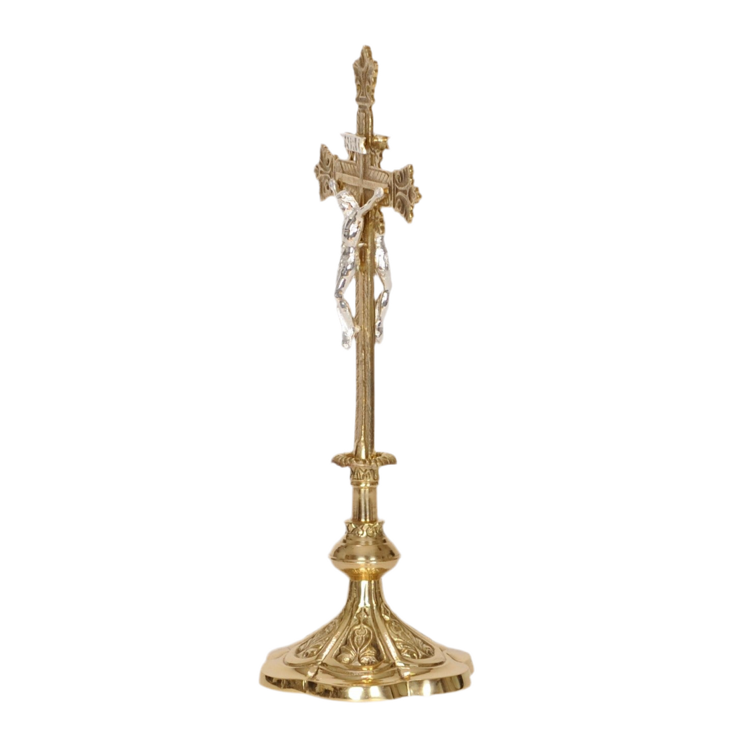 Decorative brass traditional altar cross, crucifix with silver corpus, altar cross with double sided corpus, double sided crucifix, ornate cross 
