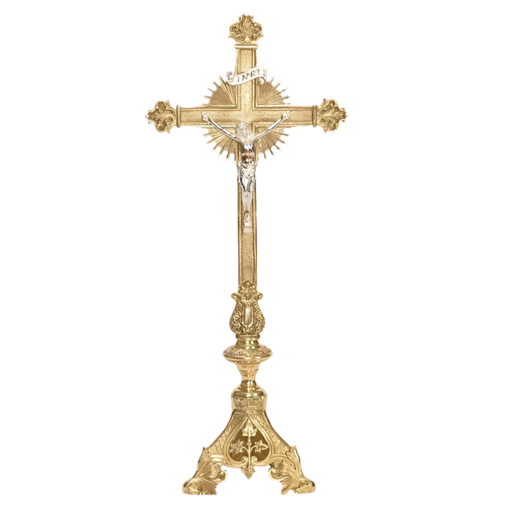 Short decorative ornate baroque style altar cross, crucifix with silver corpus, brass altar cross