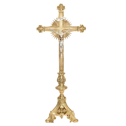 Short decorative ornate baroque style altar cross, crucifix with silver corpus, brass altar cross