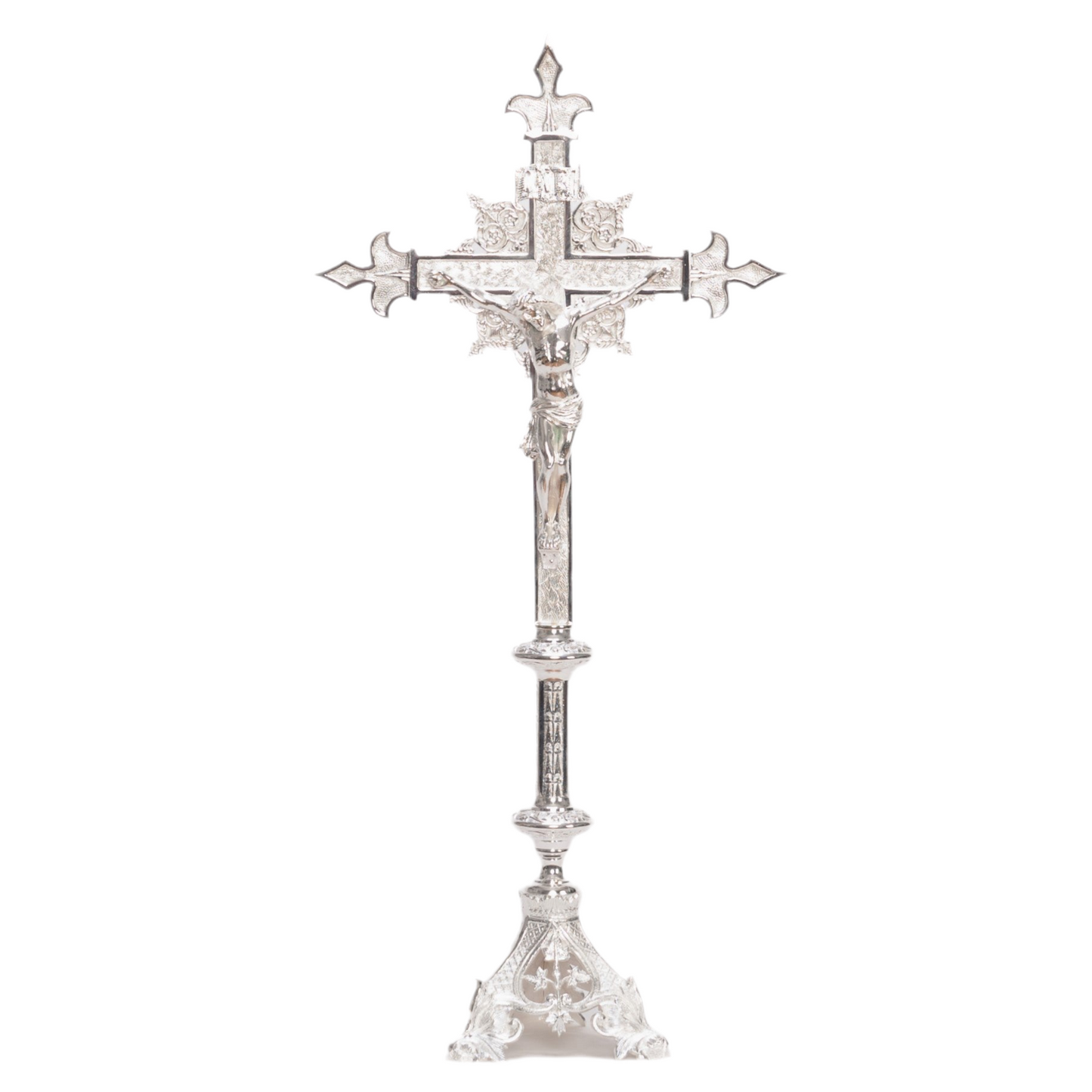 ornate baroque style altar cross, baroque silver plated altar cross, silver crucifix with silver corpus, silver plated altar cross