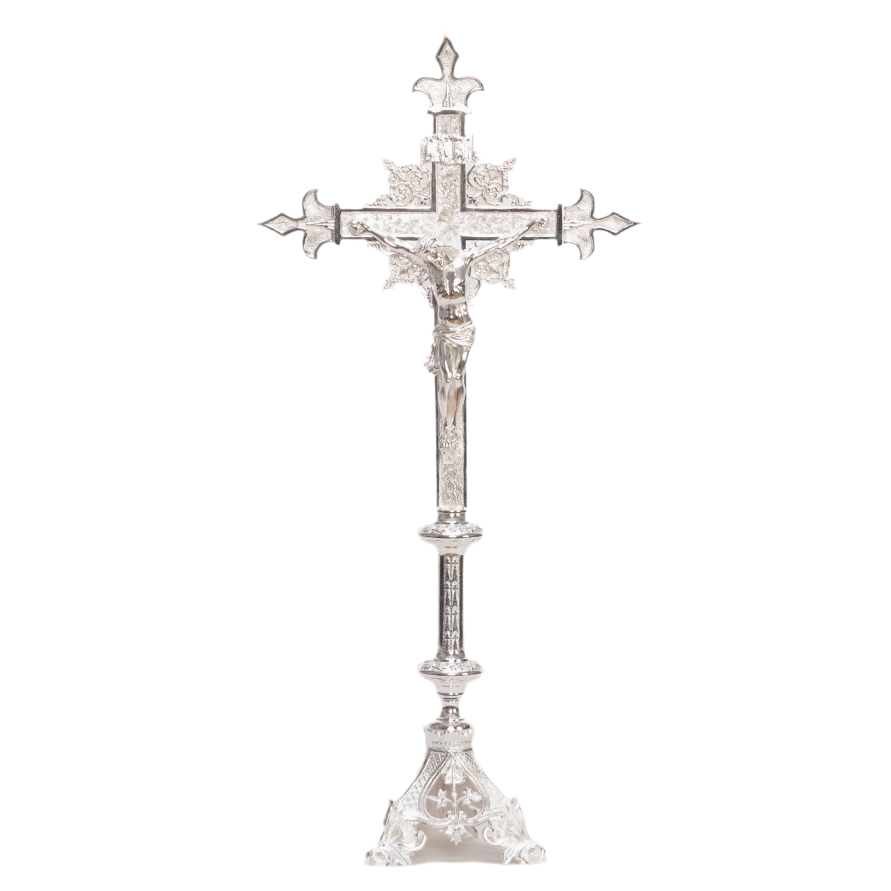 ornate baroque style altar cross, baroque silver plated altar cross, silver crucifix with silver corpus, silver plated altar cross