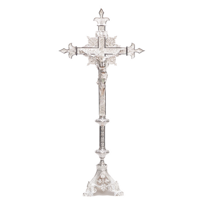 ornate baroque style altar cross, baroque silver plated altar cross, silver crucifix with silver corpus, silver plated altar cross