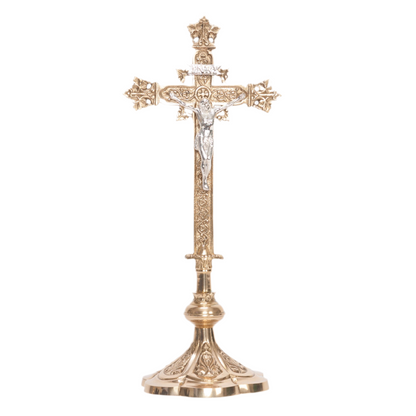 Decorative brass traditional altar cross, crucifix with silver corpus, altar cross with double sided corpus, double sided crucifix, ornate cross, backside  