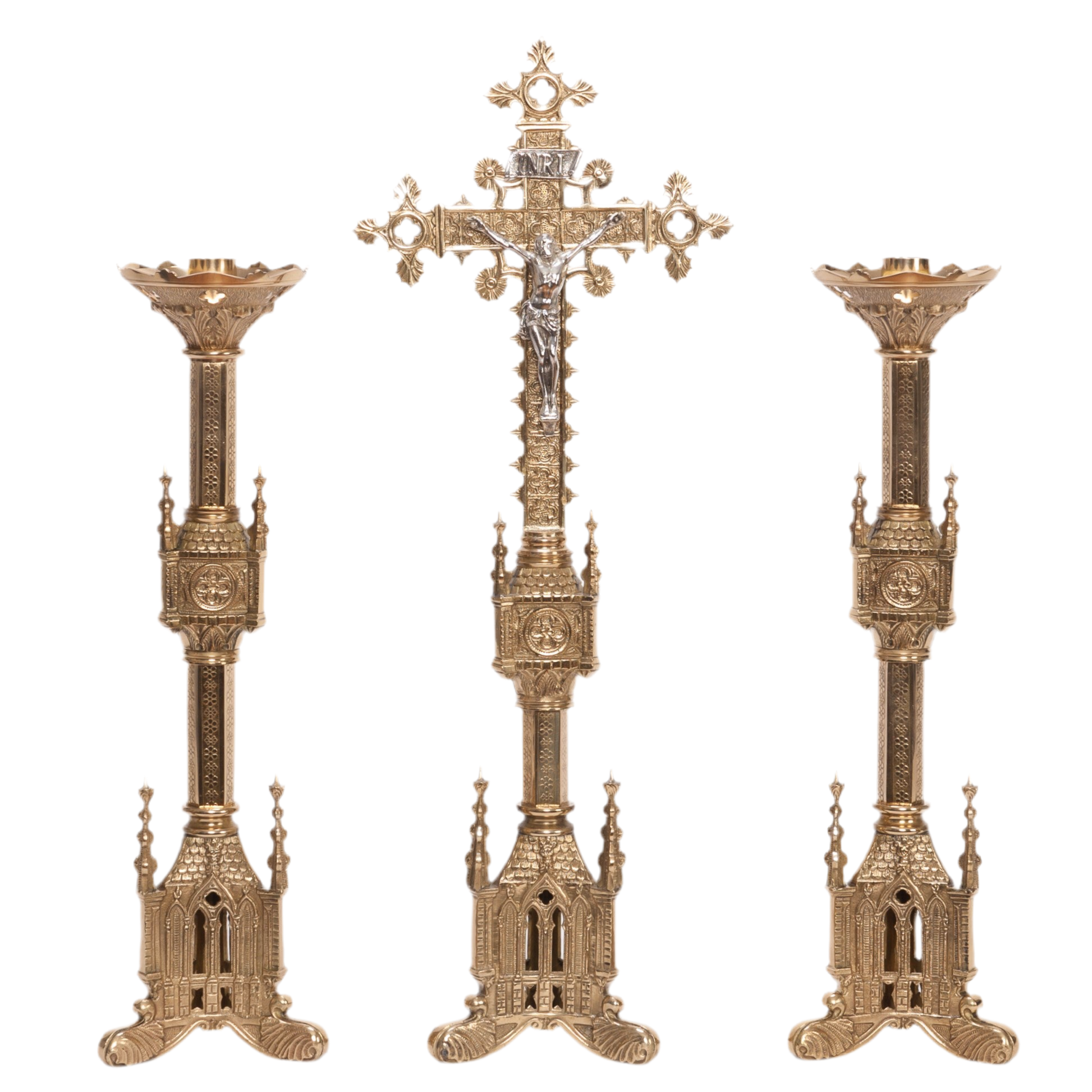 Decorative brass altar cross, crucifix with silver corpus, traditional gothic altar cross, altar cross with two candlesticks, gothic style 