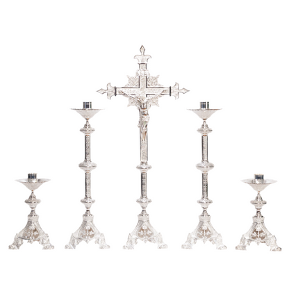 ornate baroque style altar cross, baroque silver plated altar cross, silver crucifix with silver corpus, silver plated altar cross with 4 candlesticks, matching pairs of candlesticks tall and short