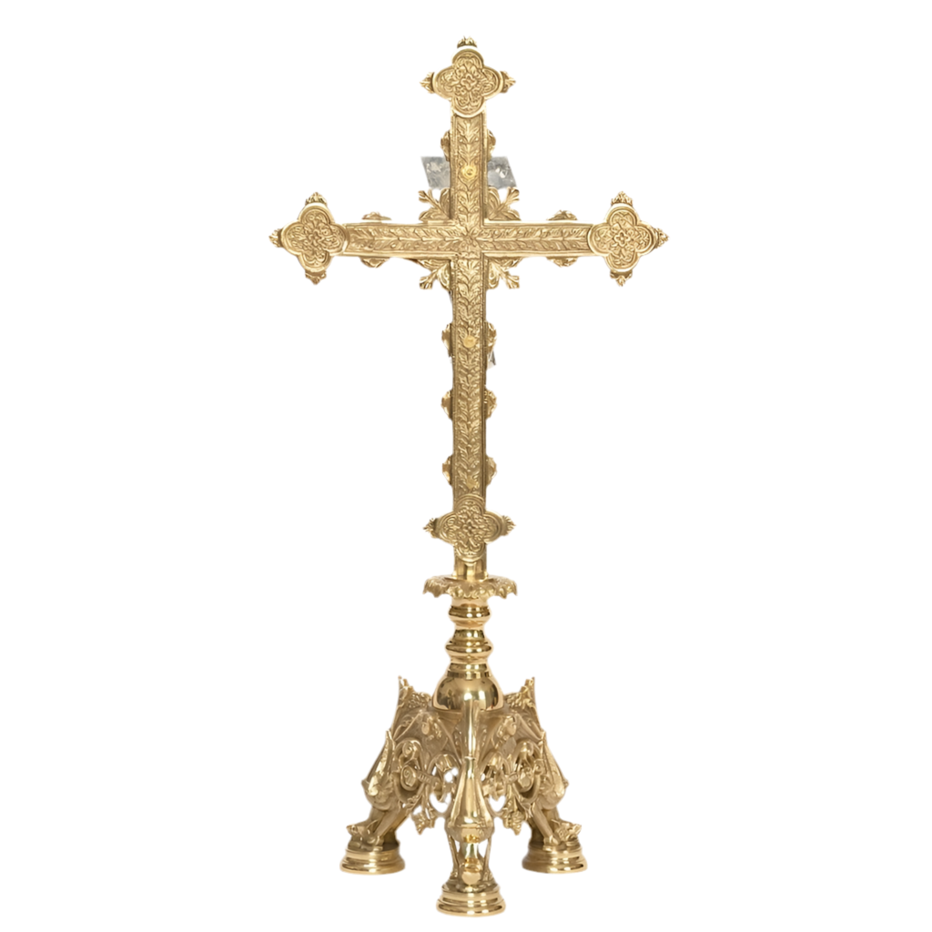 Baroque brass altar cross with silver corpus, crucifix with silver corpus, brass altar cross, backside