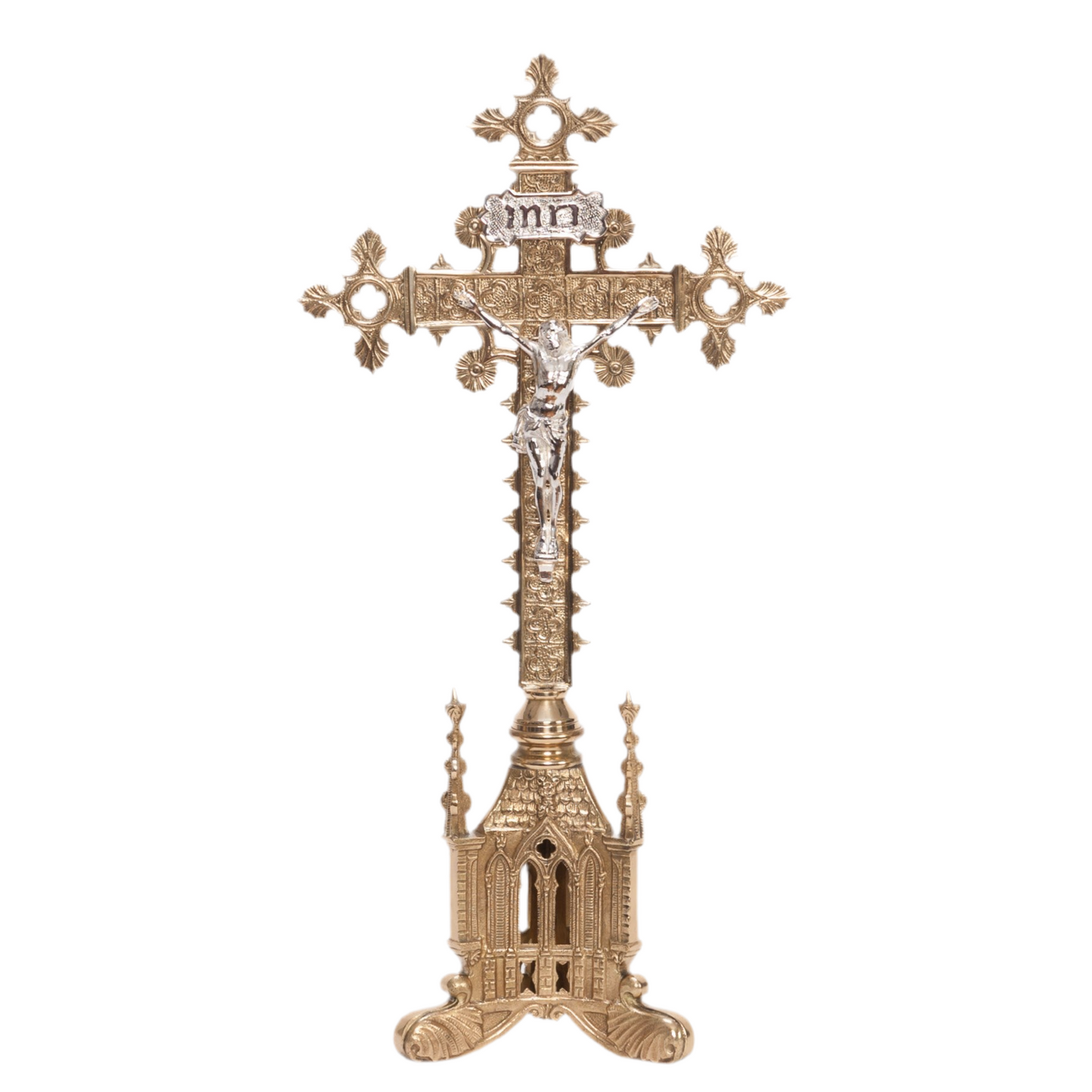 Shorter decorative brass altar cross, crucifix with silver corpus, traditional gothic altar cross, altar cross,