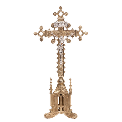 Shorter decorative brass altar cross, crucifix with silver corpus, traditional gothic altar cross, altar cross,