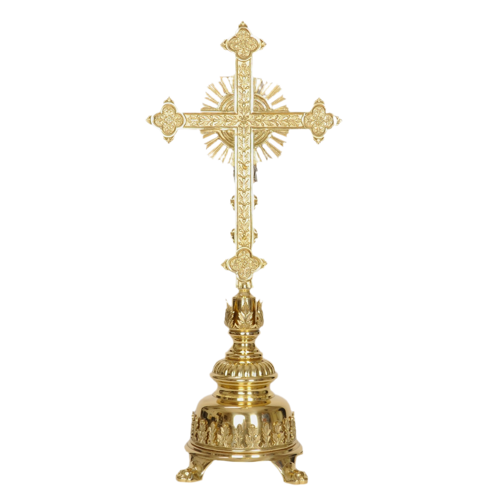 Decorative brass altar cross, crucifix with silver corpus, traditional altar cross, altar cross, backside 
