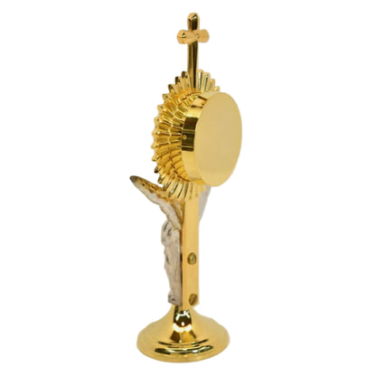 gold plated Rays reliquary with a Silver Plated standing angel figure on the stem. Glass in front and a removable back to house your relic. SIDE VIEW