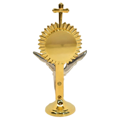 gold plated Rays reliquary with a Silver Plated standing angel figure on the stem. Glass in front and a removable back to house your relic. BACK VIEW