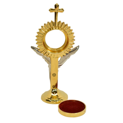 gold plated Rays reliquary with a Silver Plated standing angel figure on the stem. Glass in front and a removable back to house your relic. 
BACK VIEW SHOWING REMOVABLE DOOR