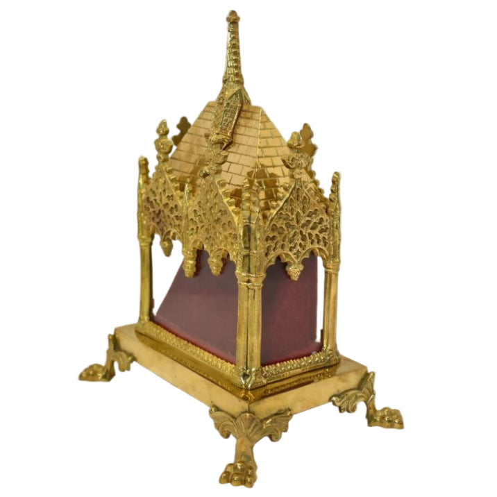 ornate brass relic shrine with glass one four sides. To display your relic
